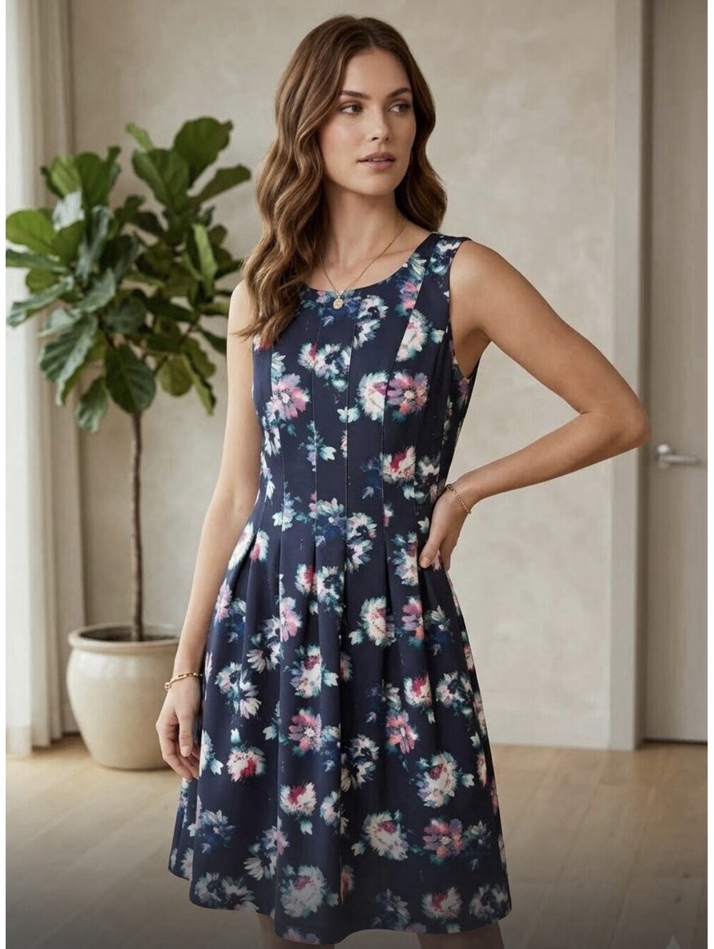NWT Andrew Marc Womens 8 Dress Blue Floral Midi Scuba Career Party Cocktail